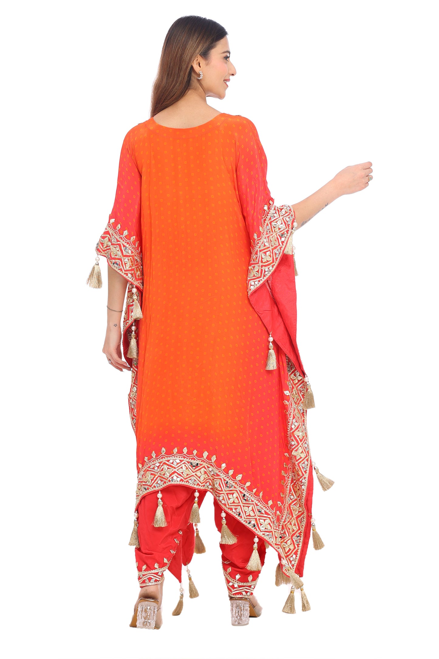 Elegant Orange-Red Designer Kurta Set with Embroidery & Tassels