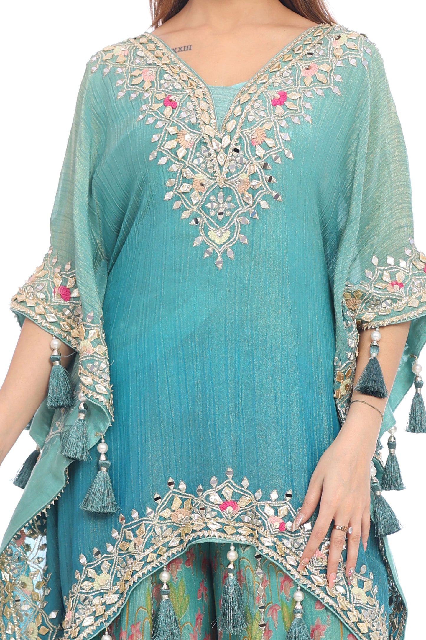 Teal Blue Embroidered Kaftan Style Sharara Set with Potli Bag