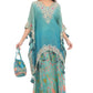 Teal Blue Embroidered Kaftan Style Sharara Set with Potli Bag