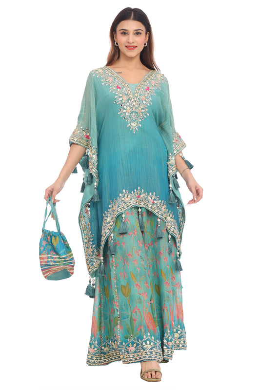 Teal Blue Embroidered Kaftan Style Sharara Set with Potli Bag