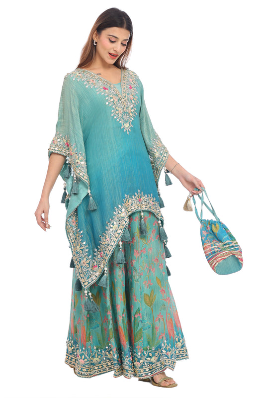 Teal Blue Embroidered Kaftan Style Sharara Set with Potli Bag