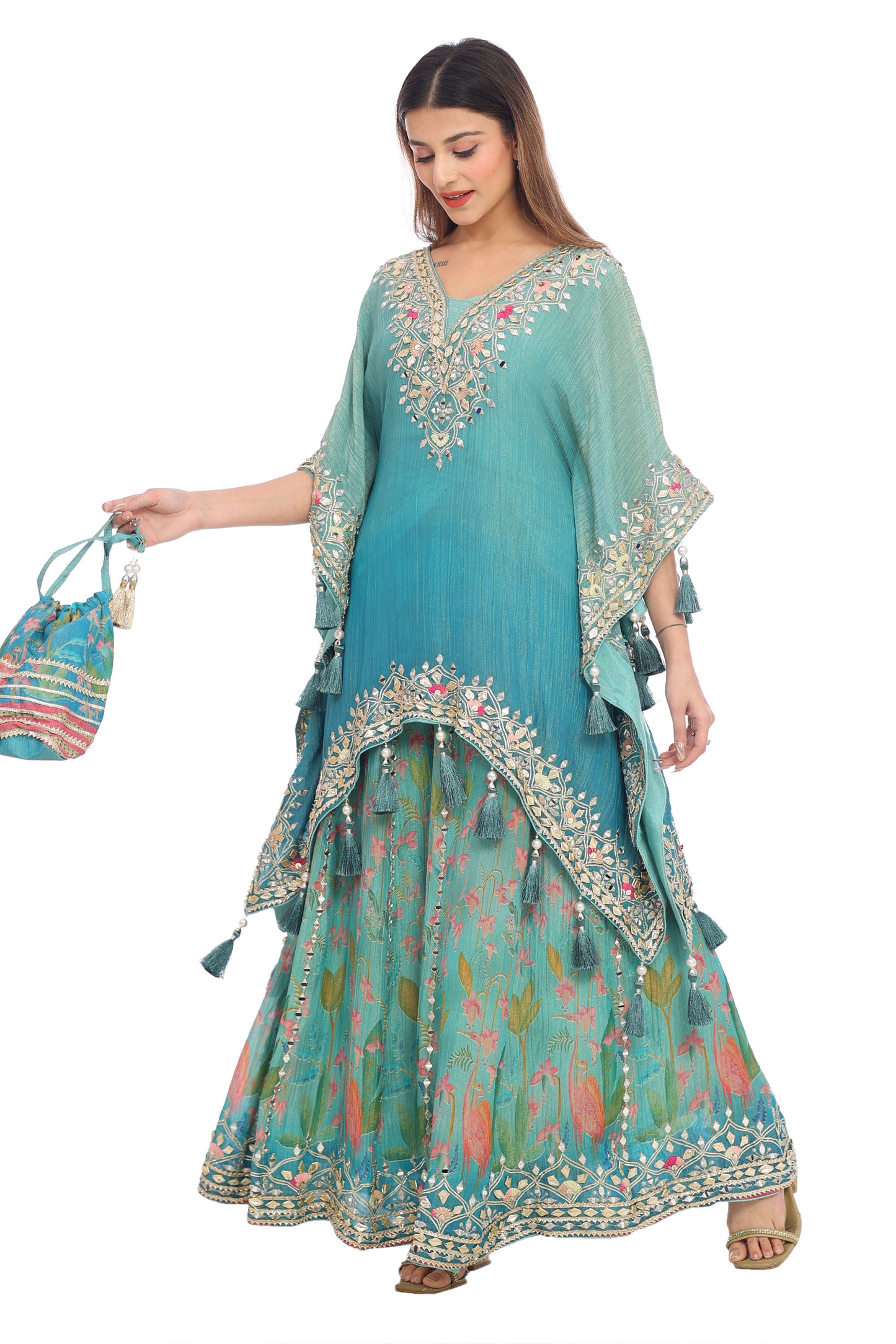 Teal Blue Embroidered Kaftan Style Sharara Set with Potli Bag
