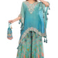 Teal Blue Embroidered Kaftan Style Sharara Set with Potli Bag