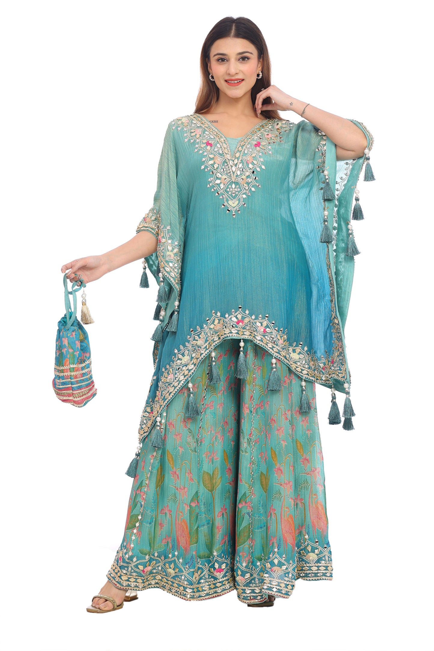 Teal Blue Embroidered Kaftan Style Sharara Set with Potli Bag