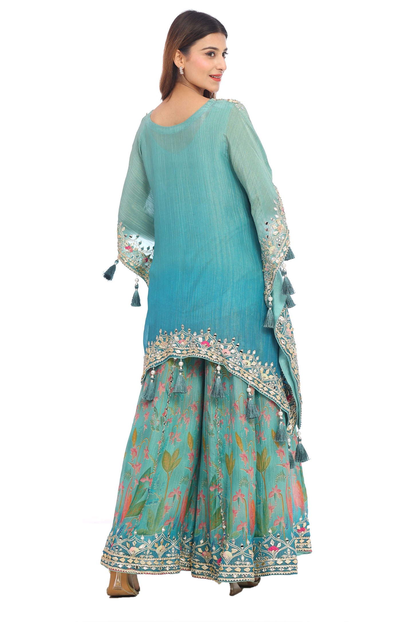 Teal Blue Embroidered Kaftan Style Sharara Set with Potli Bag