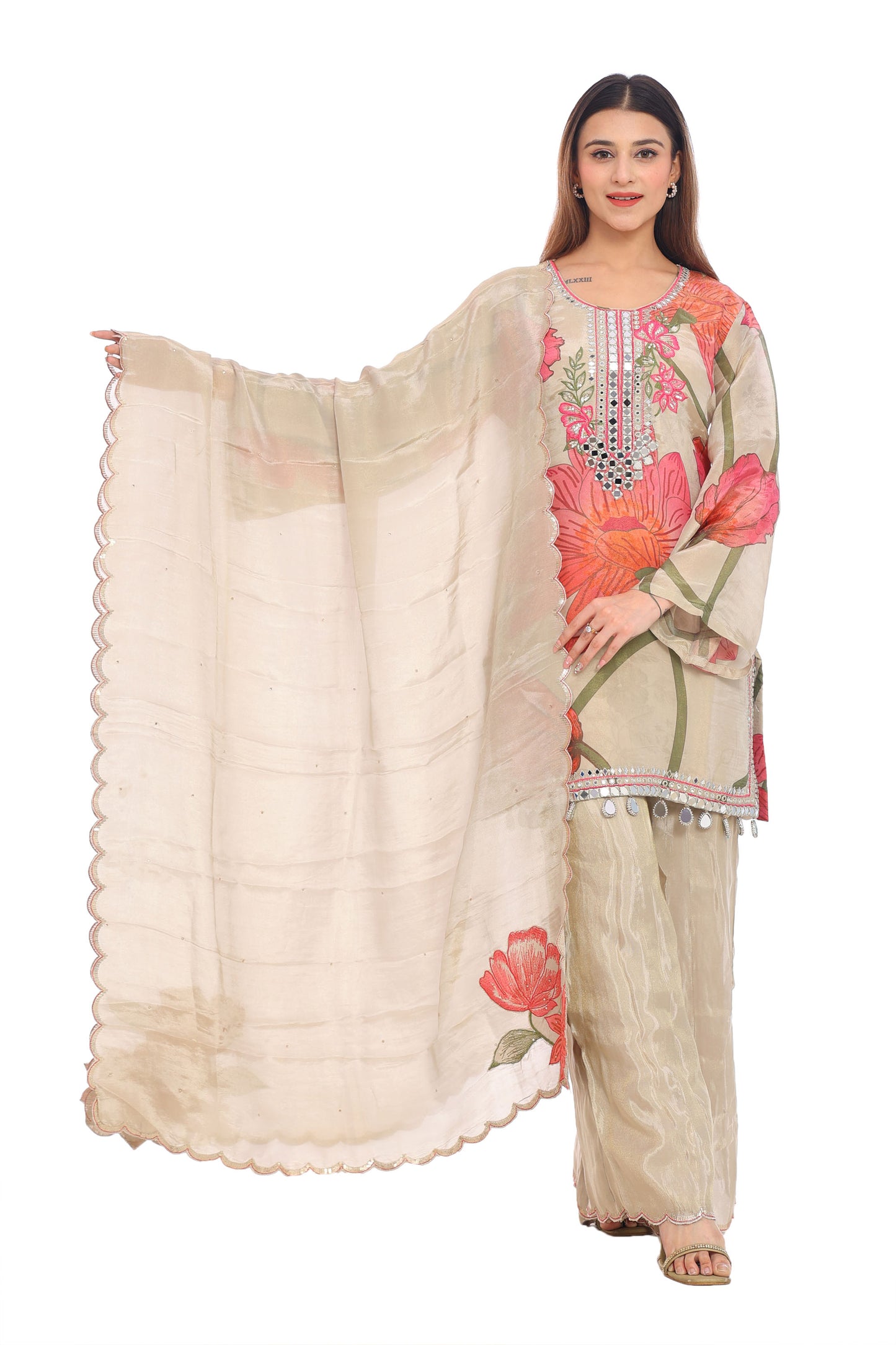 Elegant Beige Floral Embroidered Suit Set