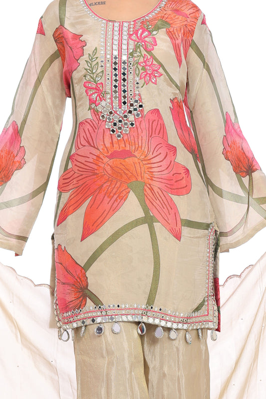Elegant Beige Floral Embroidered Suit Set