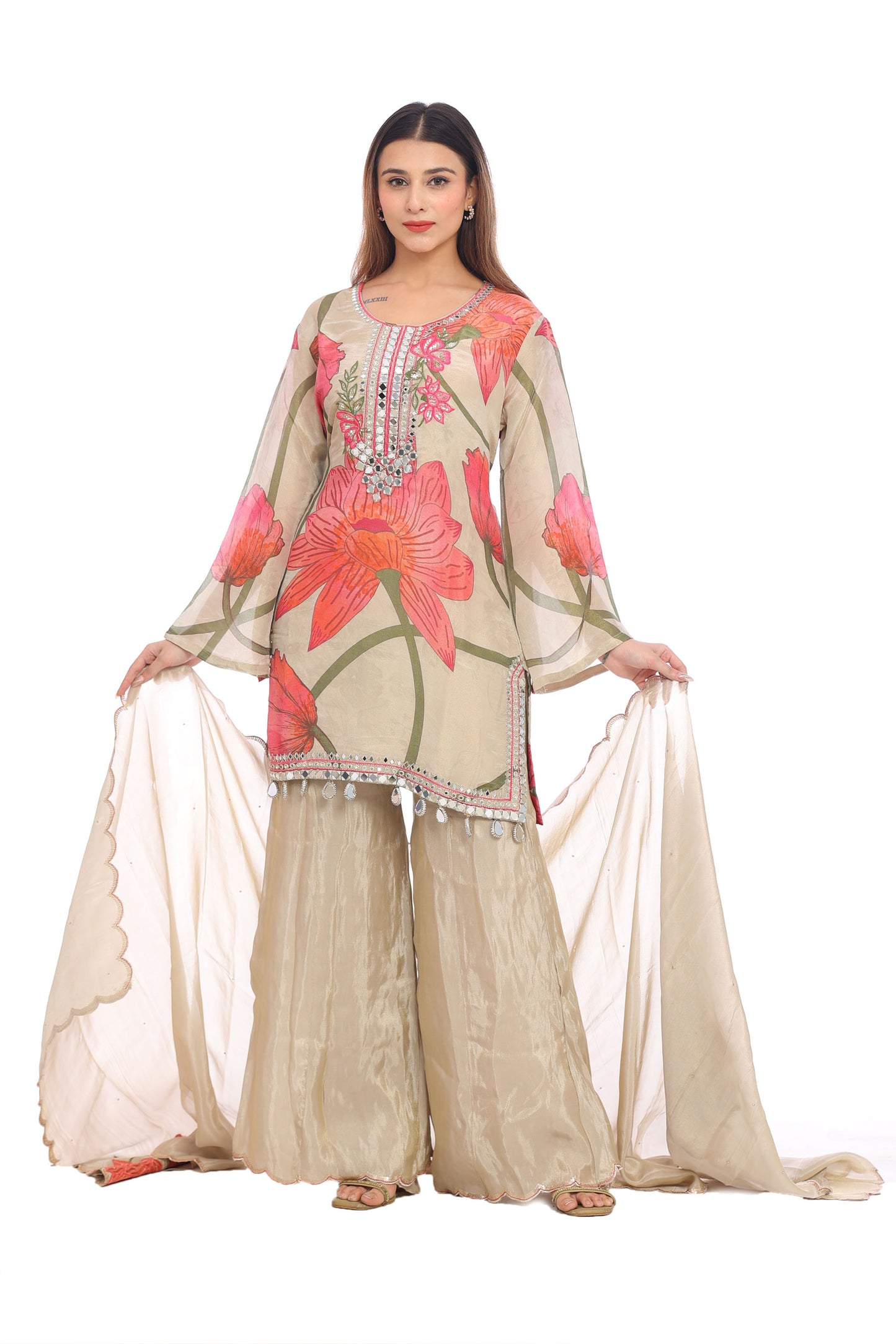 Elegant Beige Floral Embroidered Suit Set