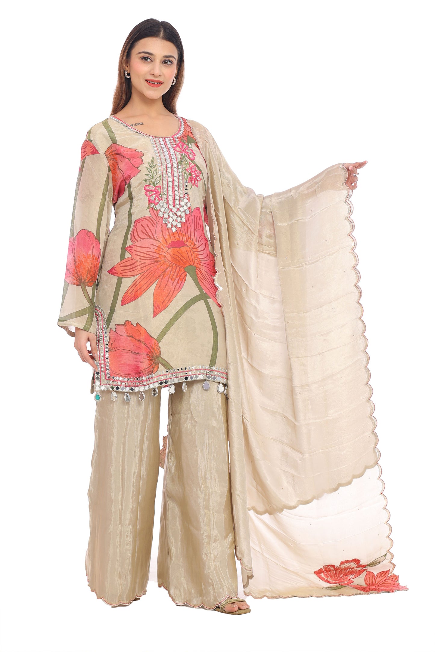 Elegant Beige Floral Embroidered Suit Set