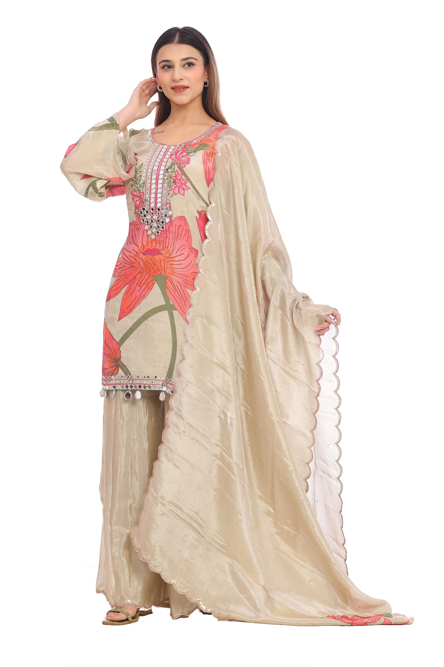 Elegant Beige Floral Embroidered Suit Set