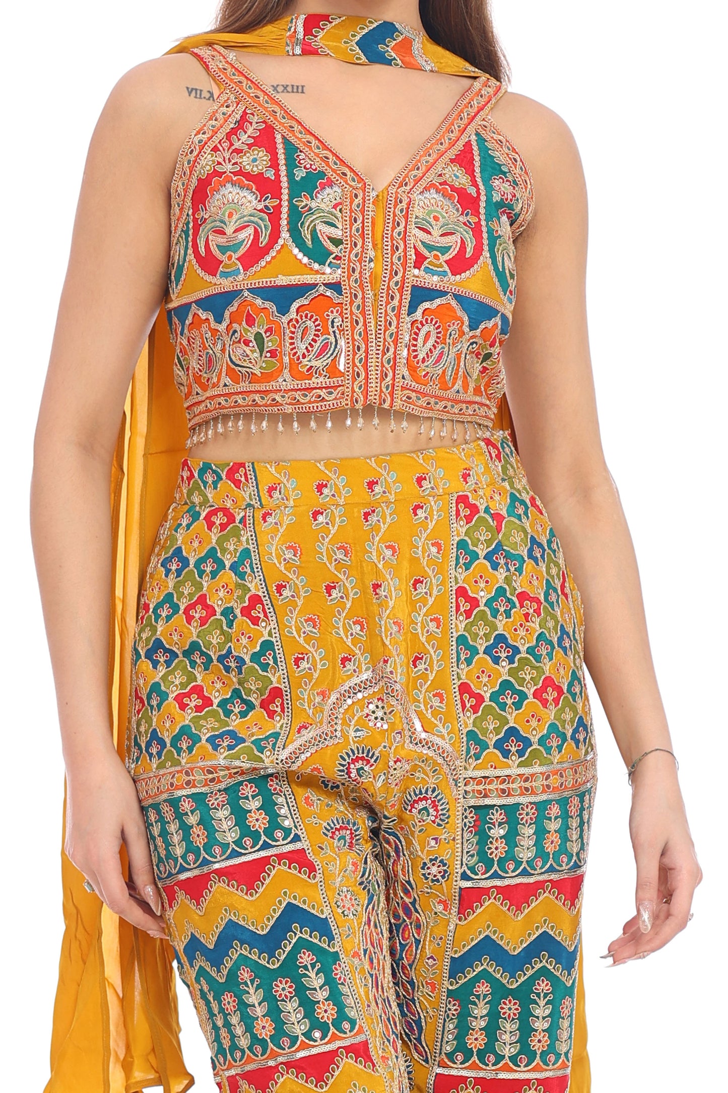 🧡 Tribal Tones Indo-Western Co-ord Set for Women | Printed Crop Top with Palazzo Pants &amp; Dupatta | Fusion Festive Wear