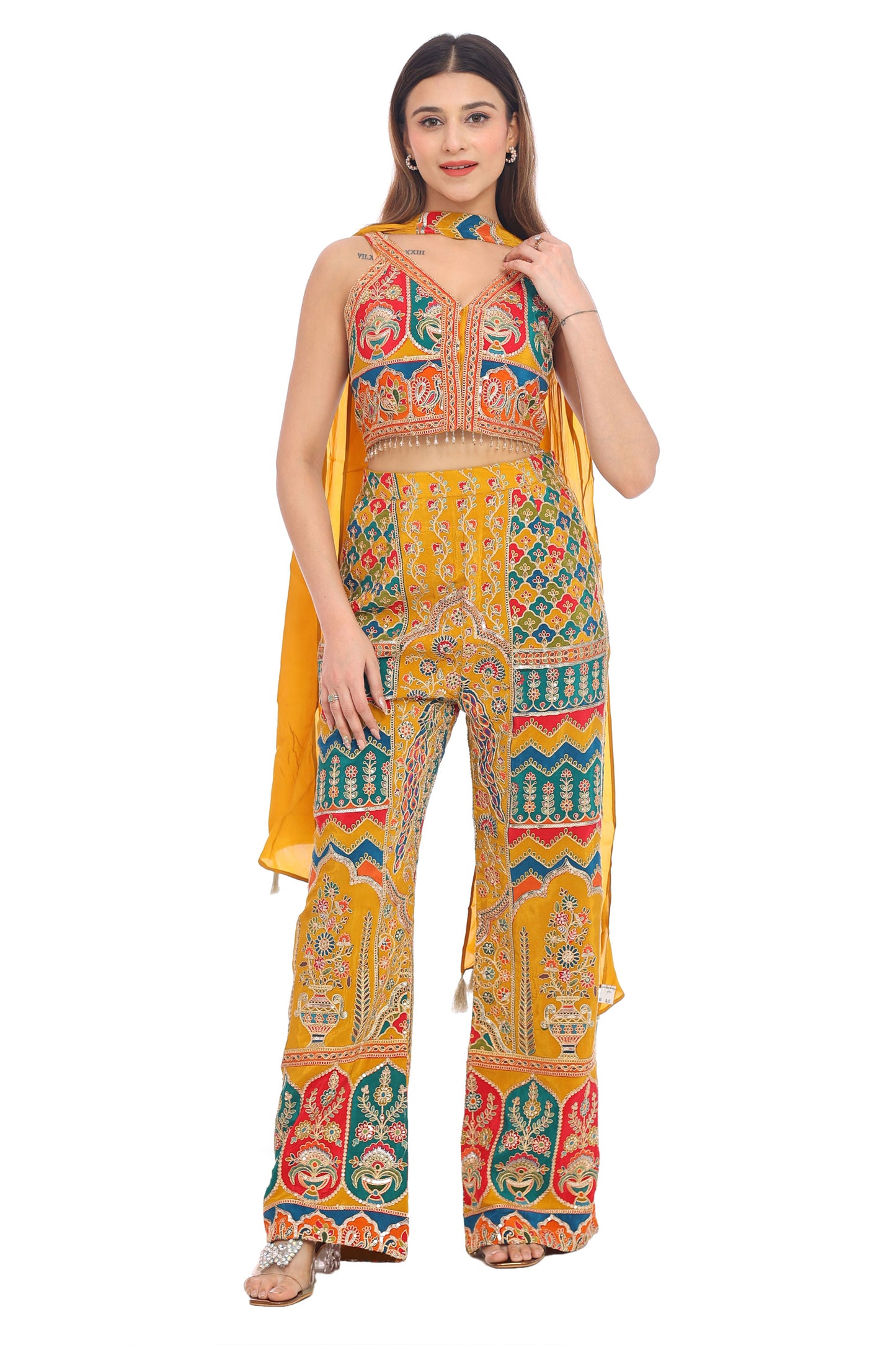 🧡 Tribal Tones Indo-Western Co-ord Set for Women | Printed Crop Top with Palazzo Pants &amp; Dupatta | Fusion Festive Wear