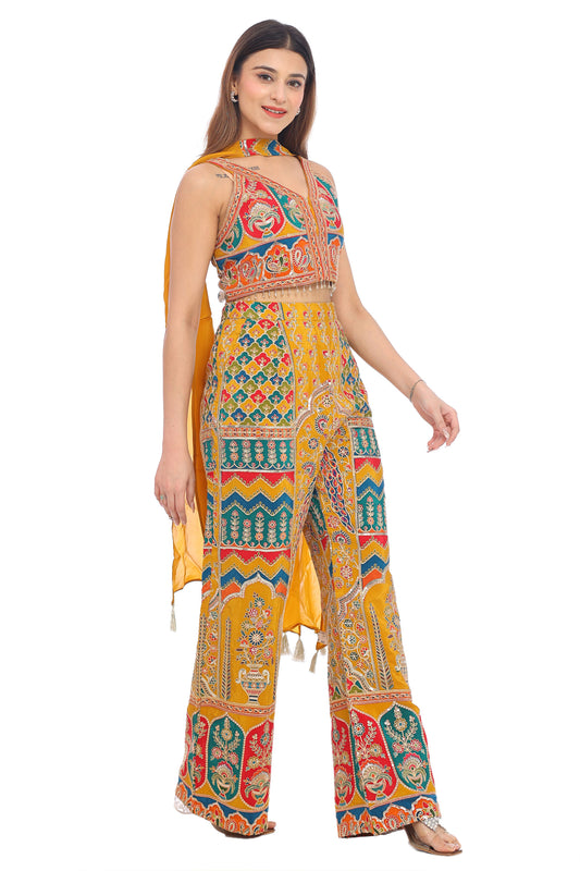 🧡 Tribal Tones Indo-Western Co-ord Set for Women | Printed Crop Top with Palazzo Pants &amp; Dupatta | Fusion Festive Wear