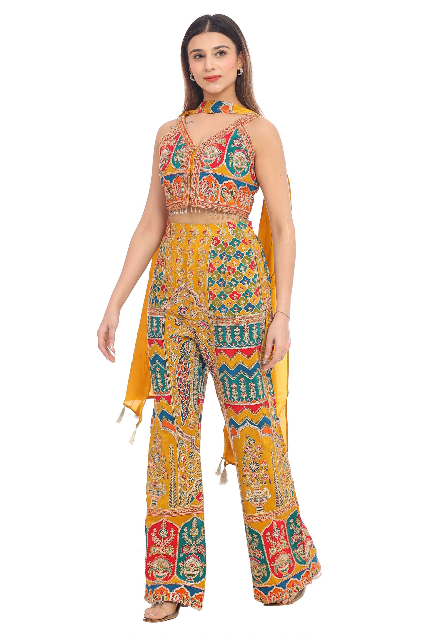 🧡 Tribal Tones Indo-Western Co-ord Set for Women | Printed Crop Top with Palazzo Pants &amp; Dupatta | Fusion Festive Wear