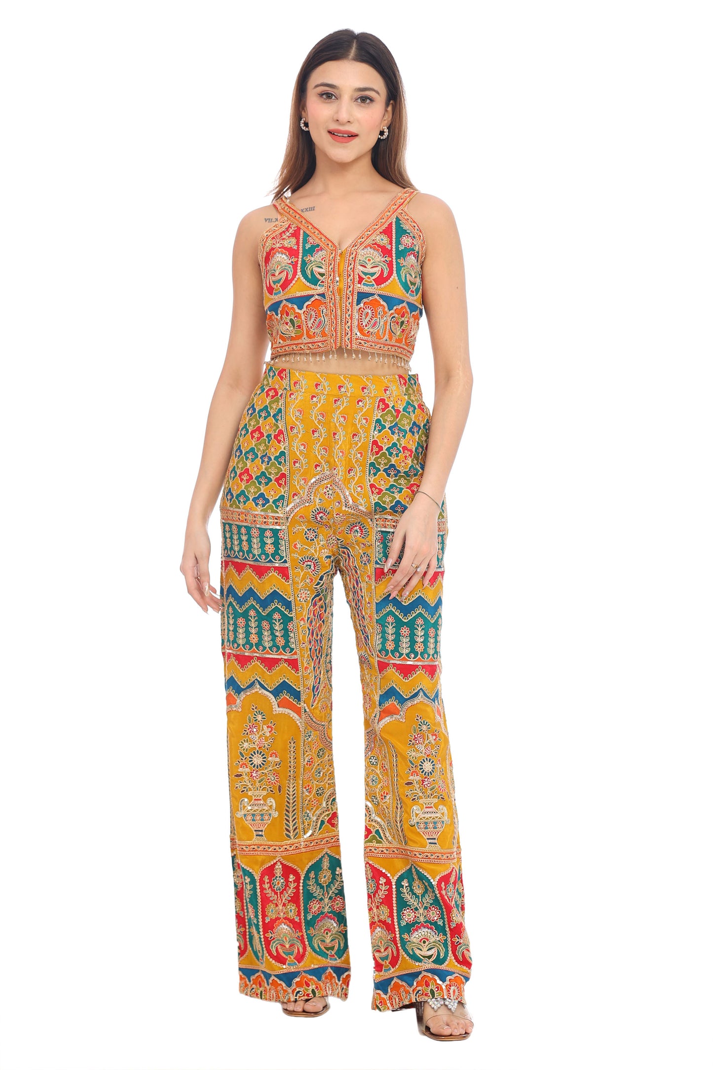 🧡 Tribal Tones Indo-Western Co-ord Set for Women | Printed Crop Top with Palazzo Pants &amp; Dupatta | Fusion Festive Wear
