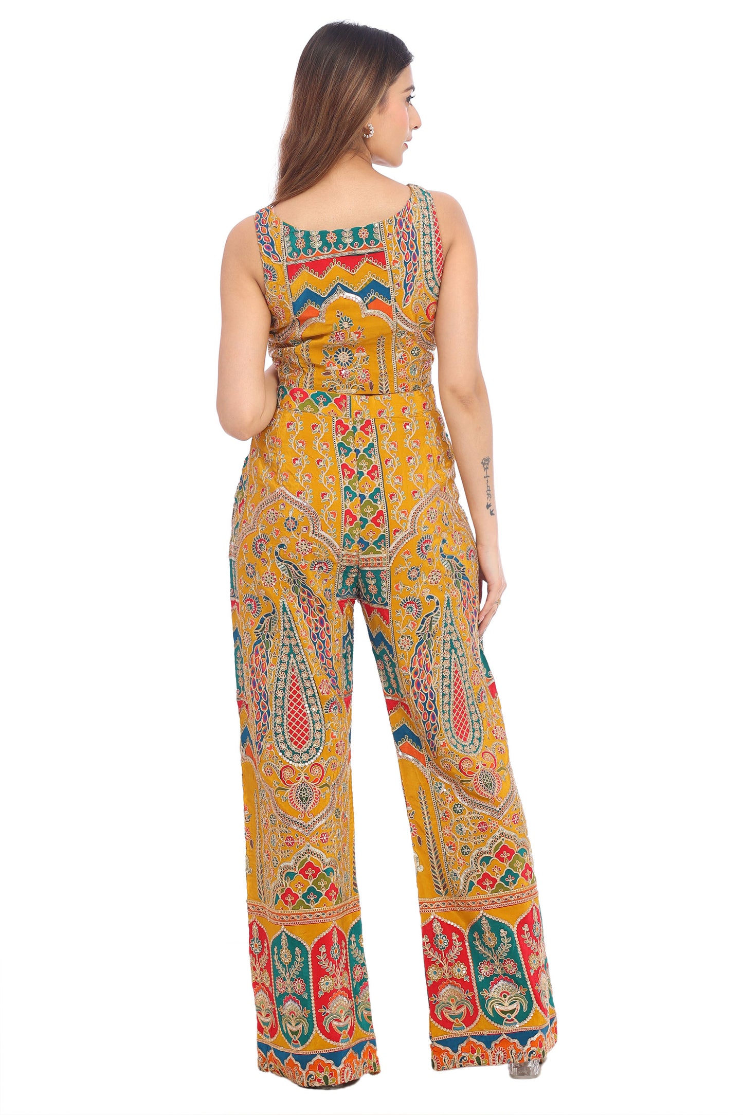 🧡 Tribal Tones Indo-Western Co-ord Set for Women | Printed Crop Top with Palazzo Pants &amp; Dupatta | Fusion Festive Wear