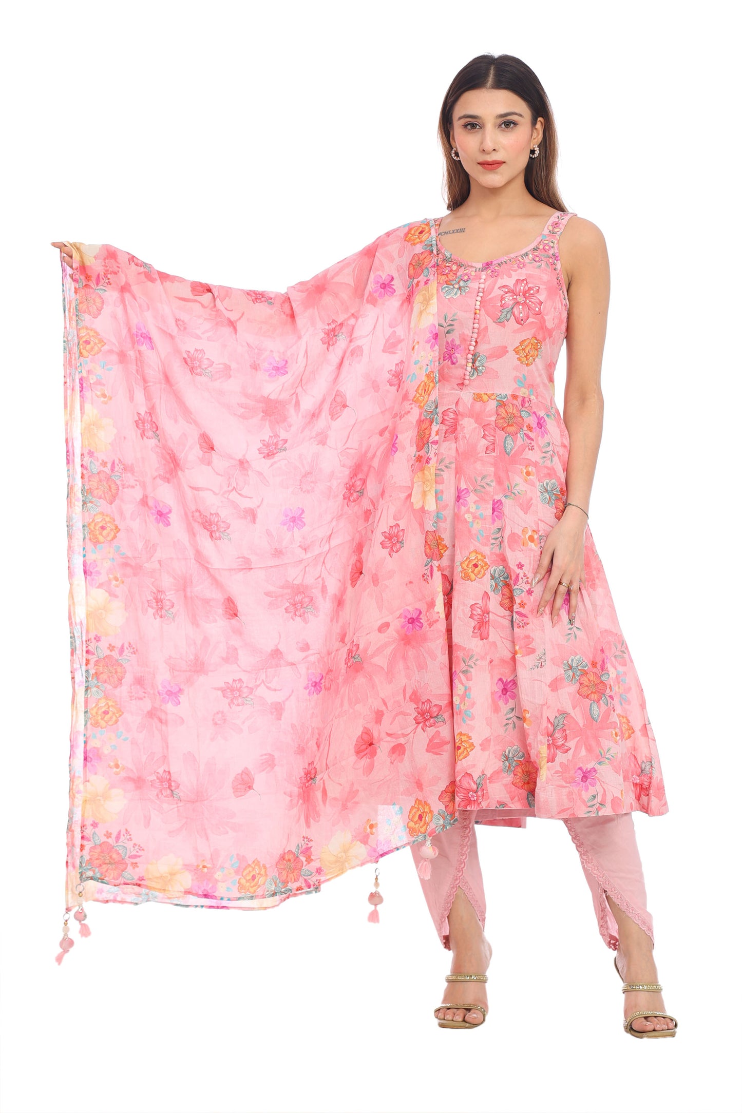 Elegant Peach Pink Floral Printed Anarkali Suit Set