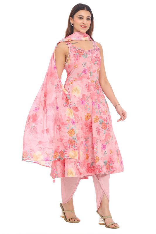 Elegant Peach Pink Floral Printed Anarkali Suit Set