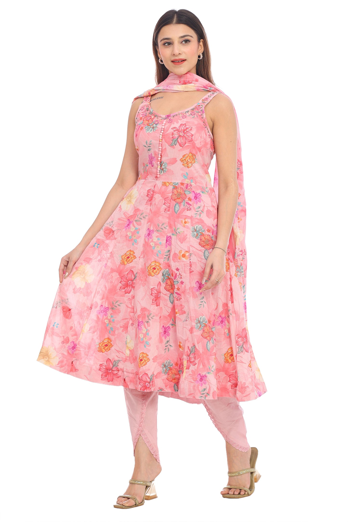 Elegant Peach Pink Floral Printed Anarkali Suit Set