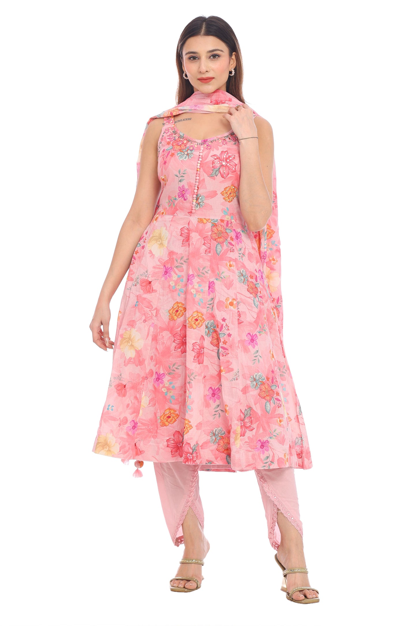 Elegant Peach Pink Floral Printed Anarkali Suit Set
