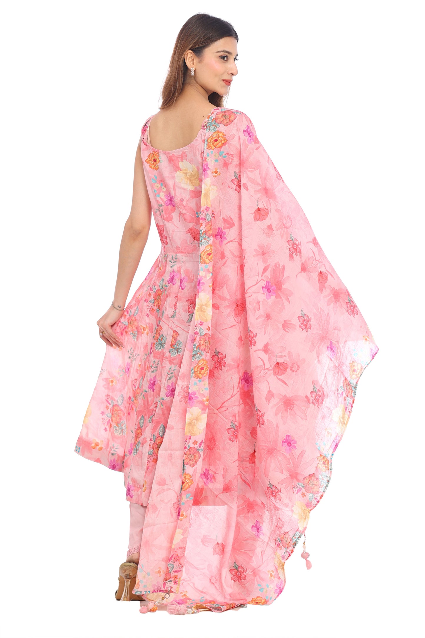 Elegant Peach Pink Floral Printed Anarkali Suit Set