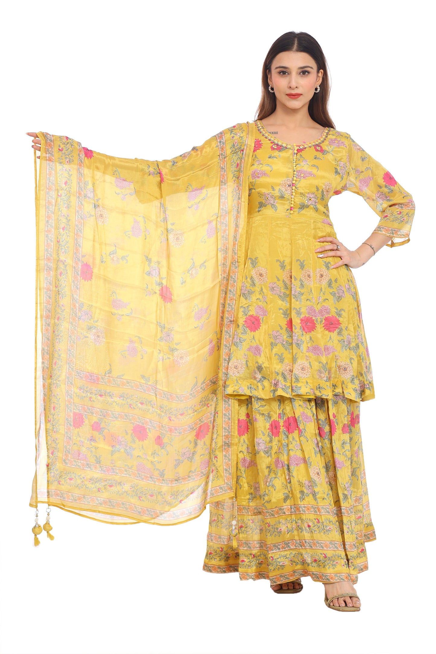 Elegant Yellow Floral Printed Sharara Suit Set