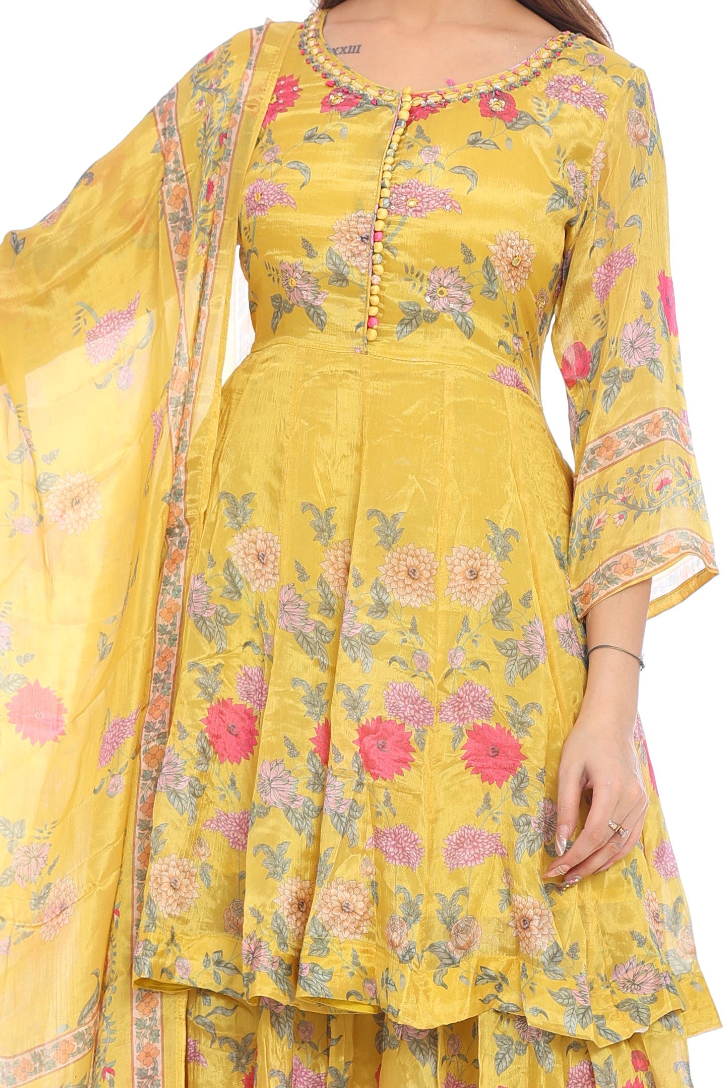 Elegant Yellow Floral Printed Sharara Suit Set
