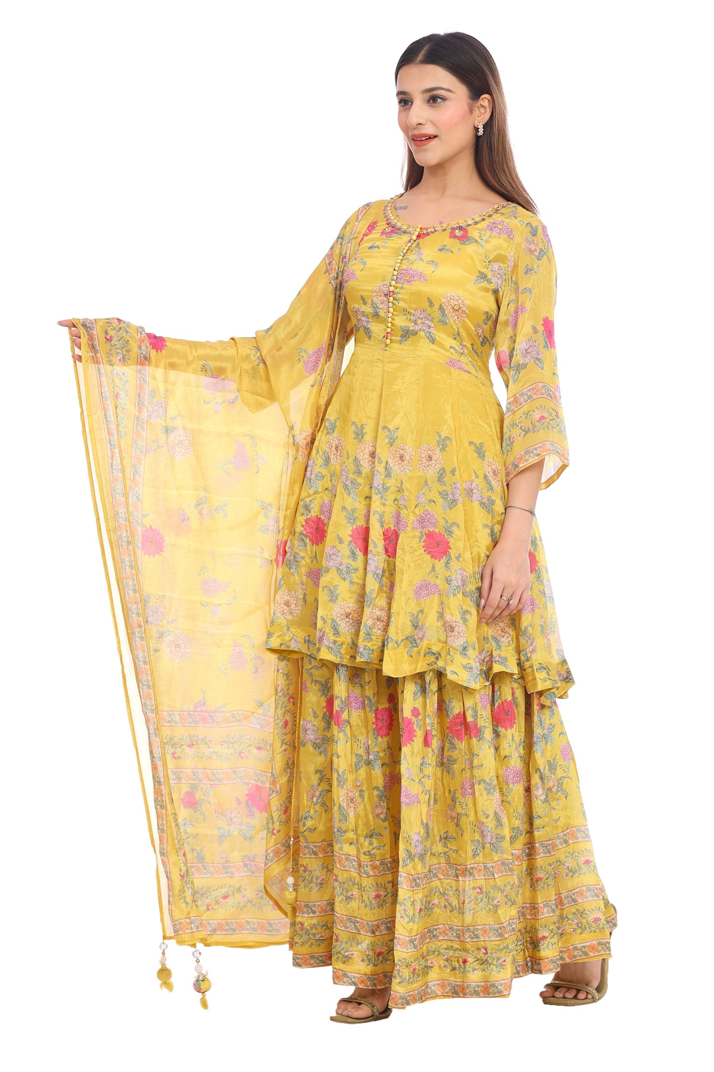 Elegant Yellow Floral Printed Sharara Suit Set