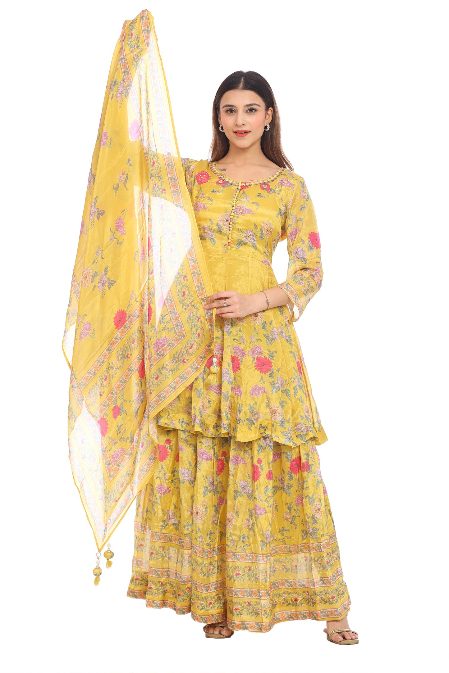 Elegant Yellow Floral Printed Sharara Suit Set