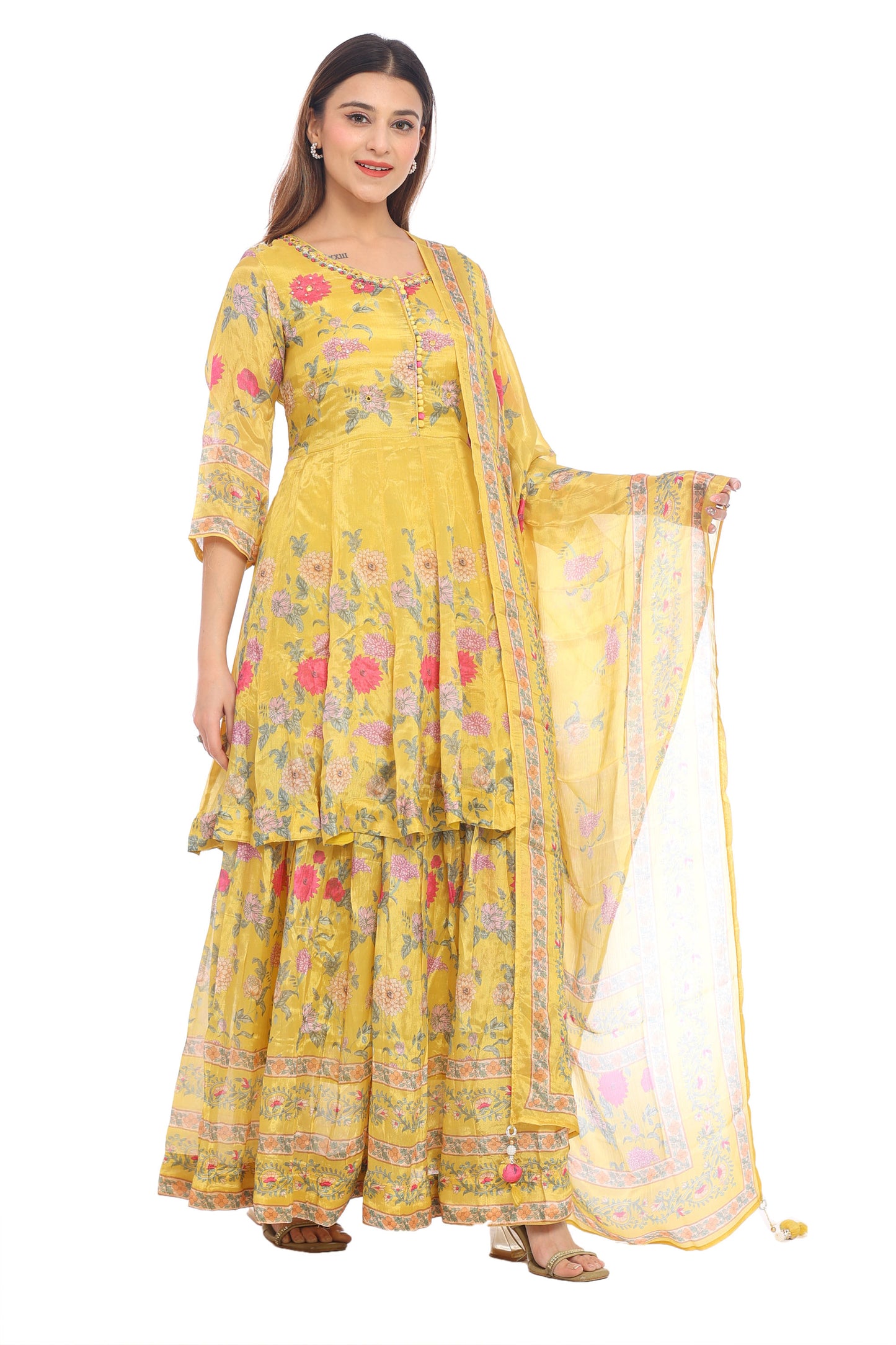 Elegant Yellow Floral Printed Sharara Suit Set