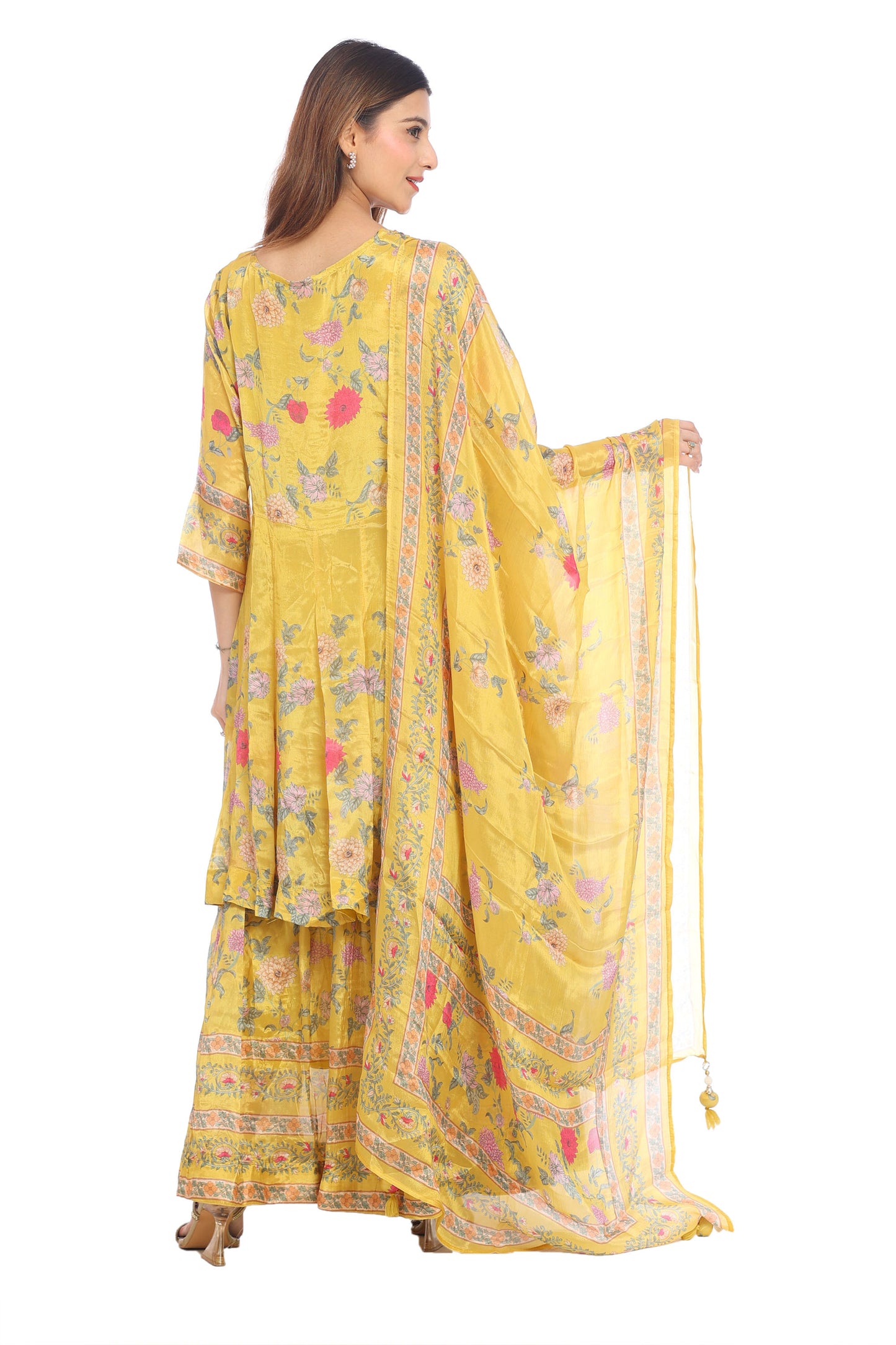 Elegant Yellow Floral Printed Sharara Suit Set