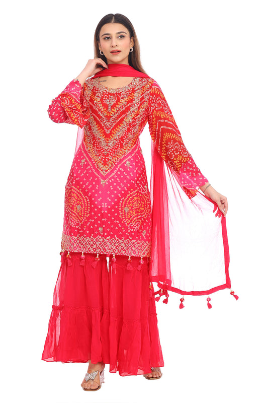 Radiant Red &amp; Pink Bandhani Sharara Suit
