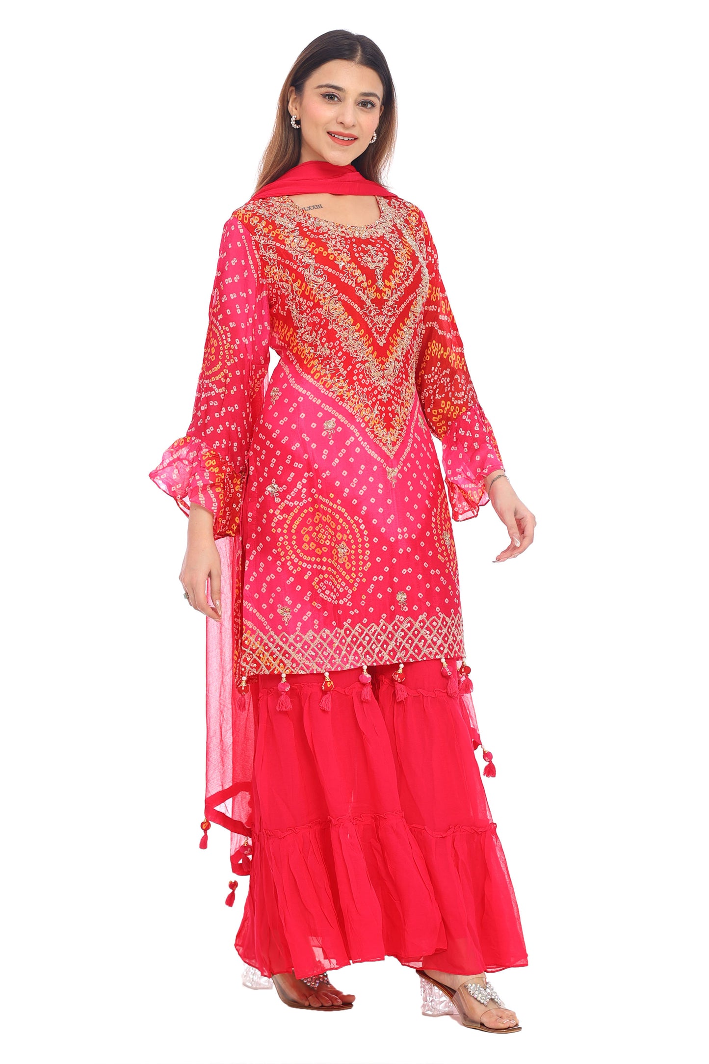 Radiant Red &amp; Pink Bandhani Sharara Suit