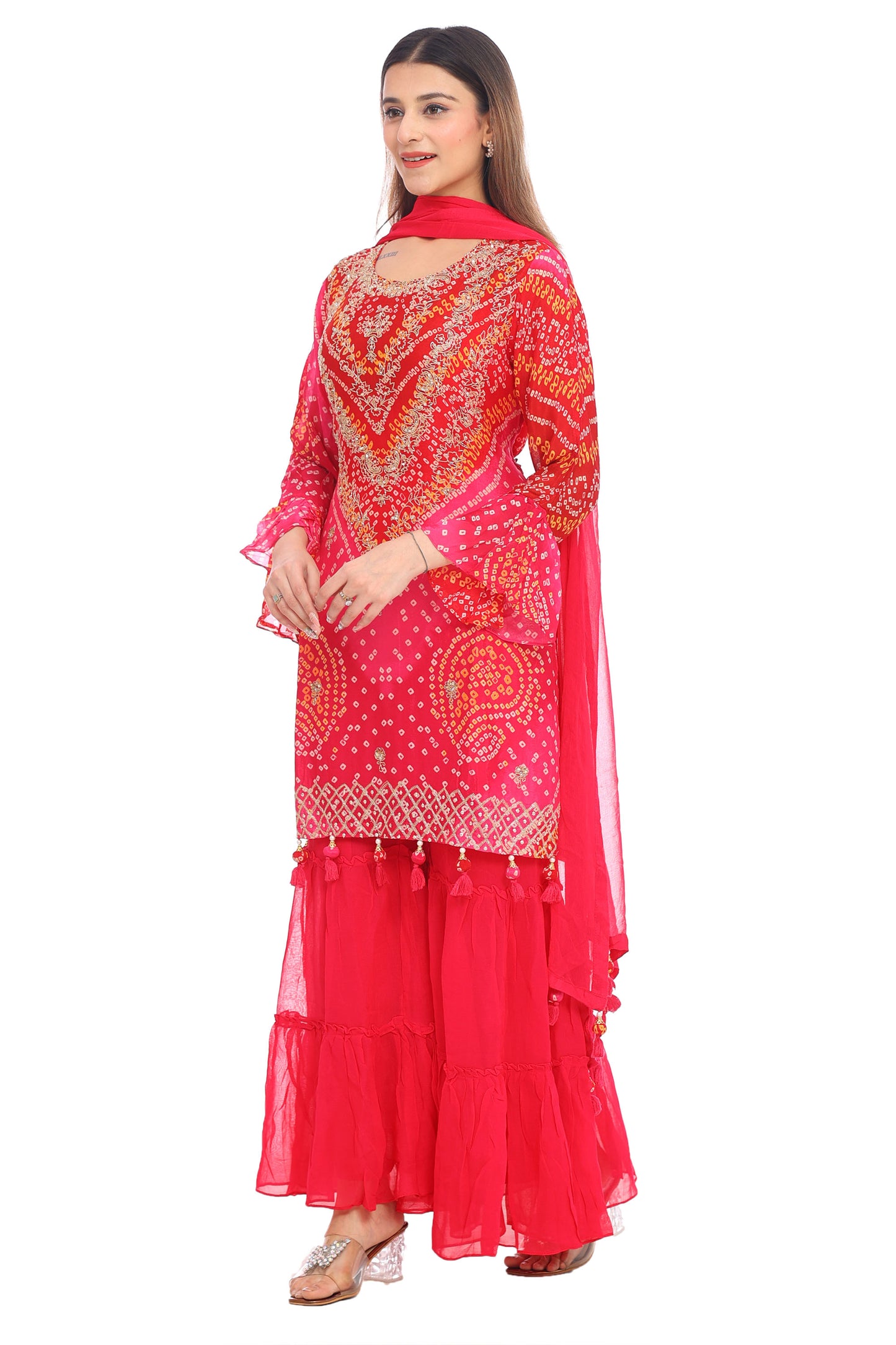 Radiant Red &amp; Pink Bandhani Sharara Suit