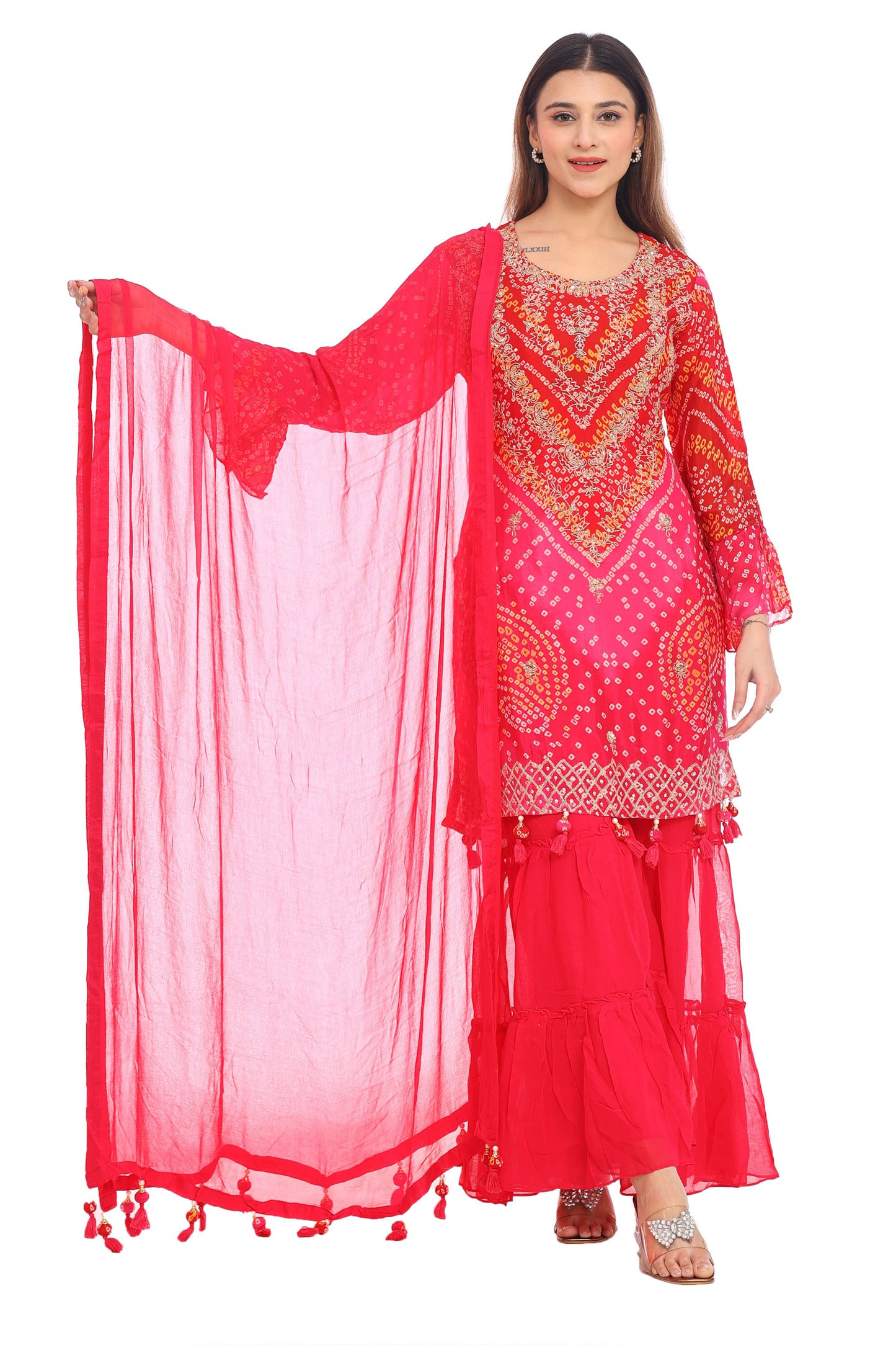 Radiant Red &amp; Pink Bandhani Sharara Suit