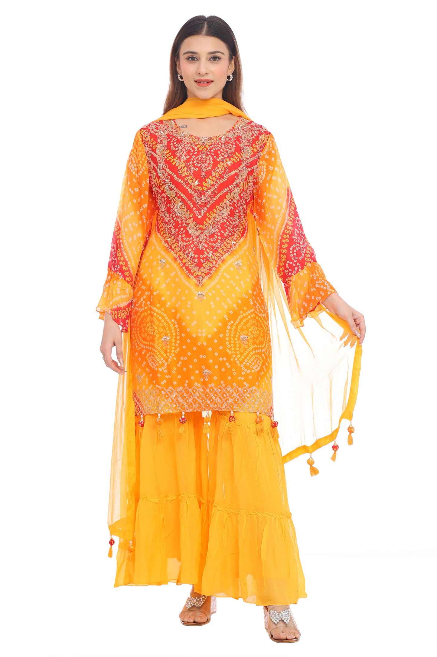 Radiant Yellow &amp; Red Bandhani Sharara Suit Set