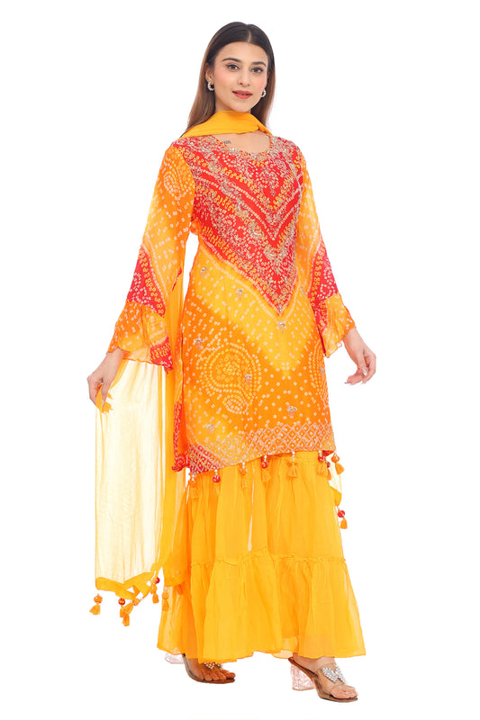 Radiant Yellow &amp; Red Bandhani Sharara Suit Set