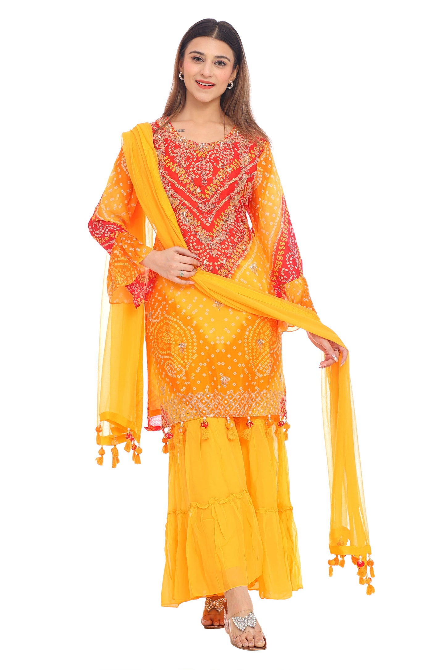 Radiant Yellow &amp; Red Bandhani Sharara Suit Set