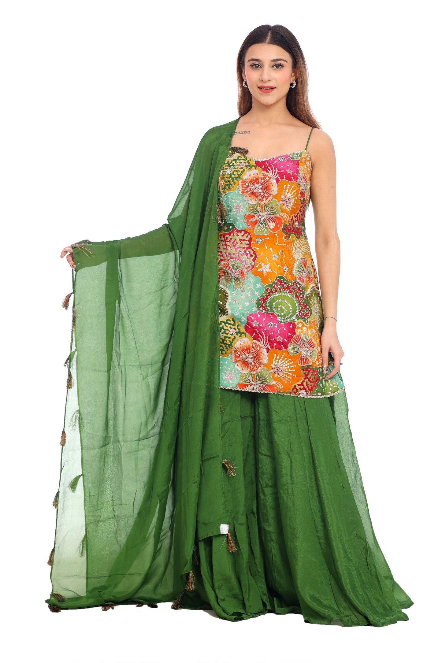 Vibrant Multicolor Printed Sharara Set with Green Dupatta