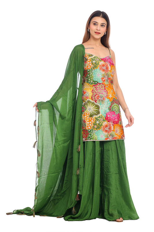 Vibrant Multicolor Printed Sharara Set with Green Dupatta