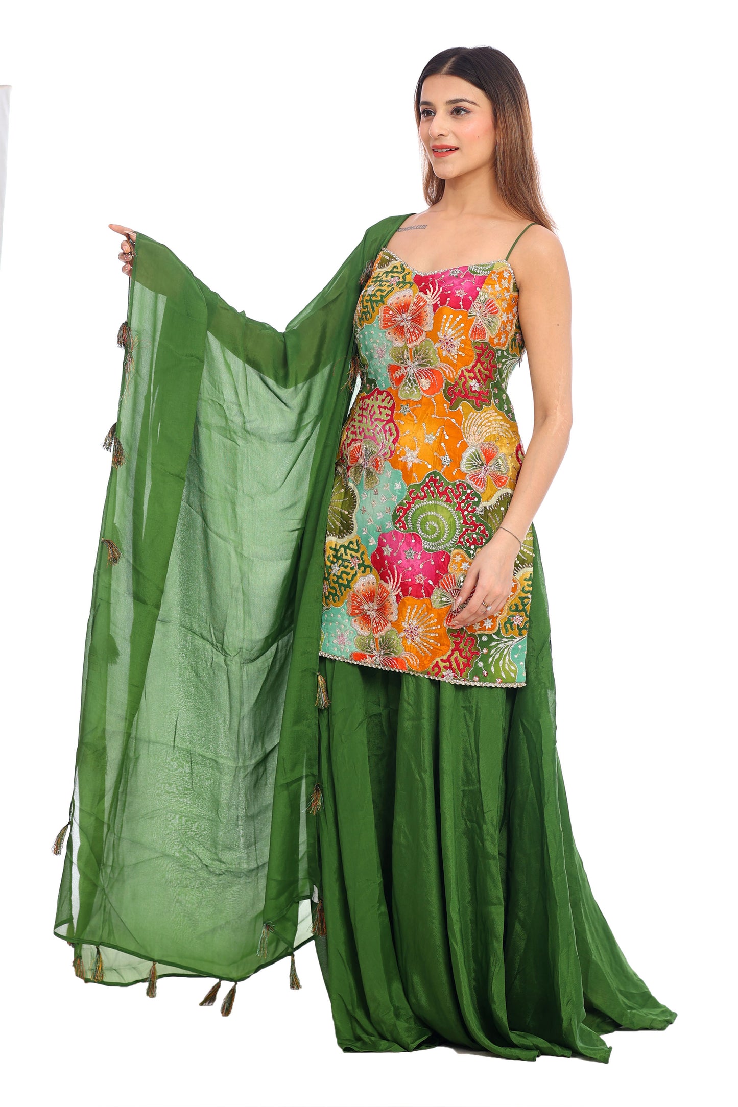 Vibrant Multicolor Printed Sharara Set with Green Dupatta