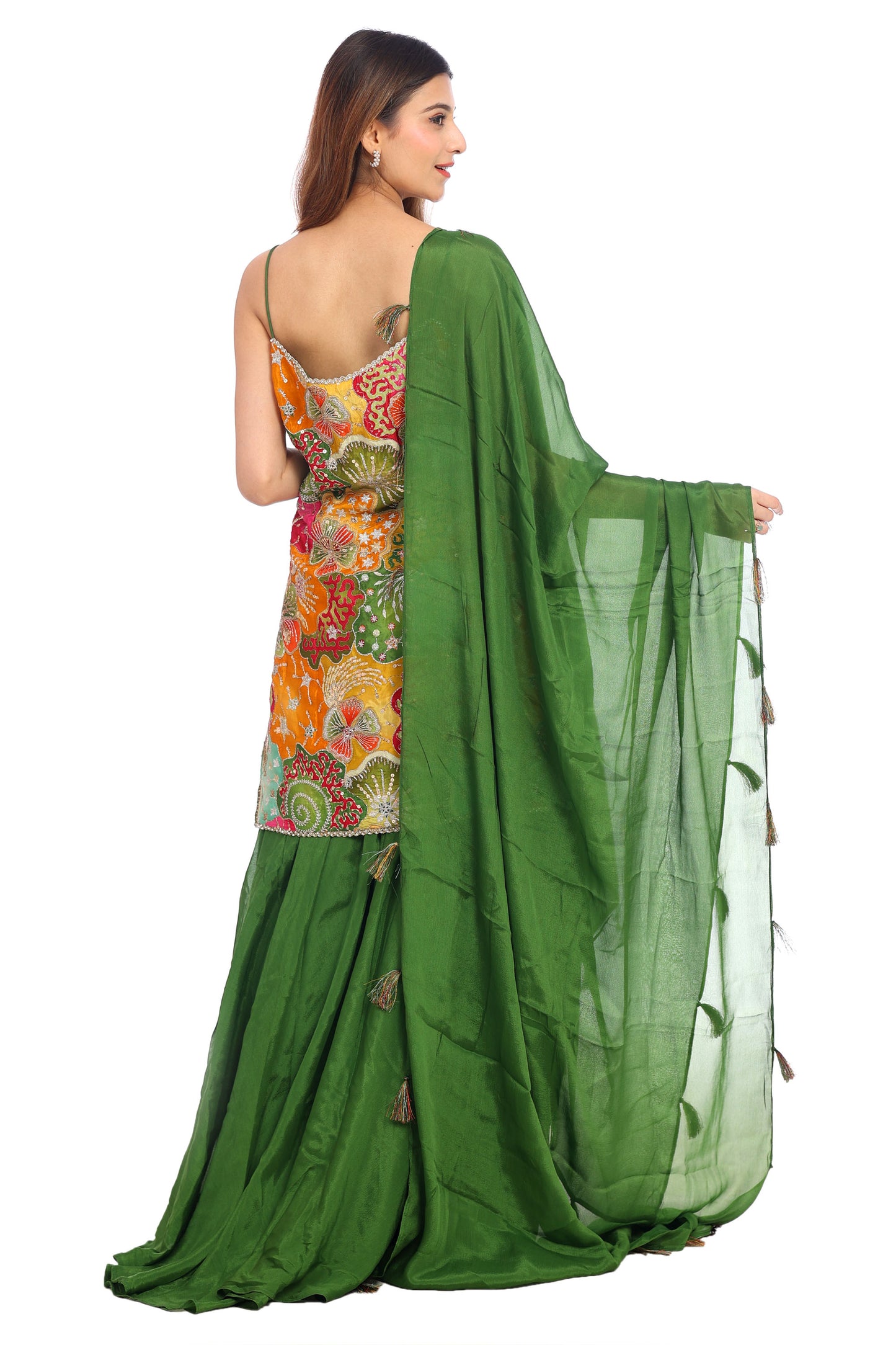 Vibrant Multicolor Printed Sharara Set with Green Dupatta