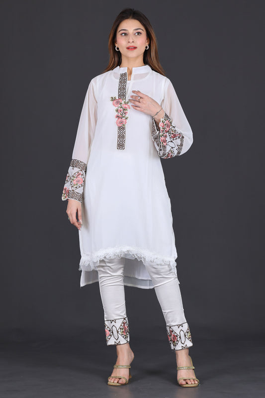 Elegant White Embroidered Kurta Set with Trousers