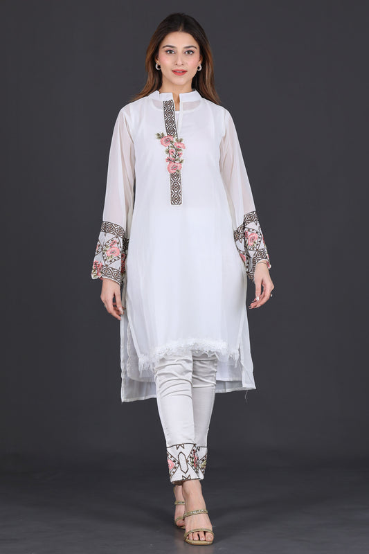 Elegant White Embroidered Kurta Set with Trousers