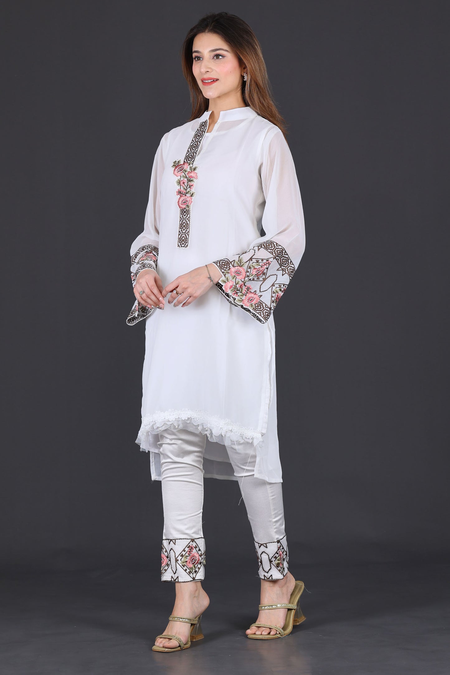 Elegant White Embroidered Kurta Set with Trousers