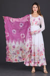 White & Lavender Floral Anarkali Suit with Embroidered Magenta Dupatta