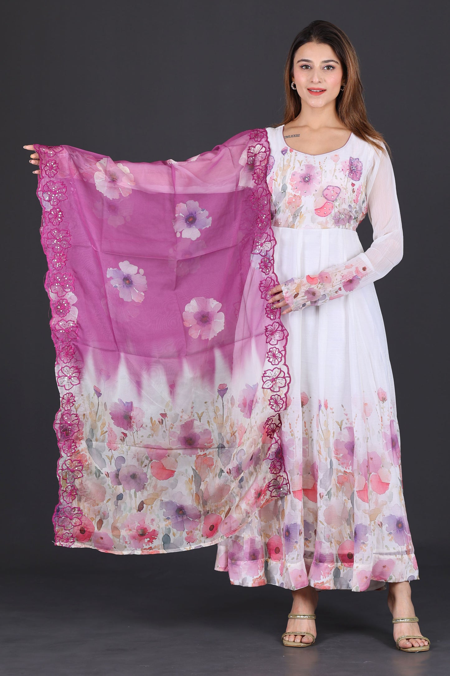 White & Lavender Floral Anarkali Suit with Embroidered Magenta Dupatta