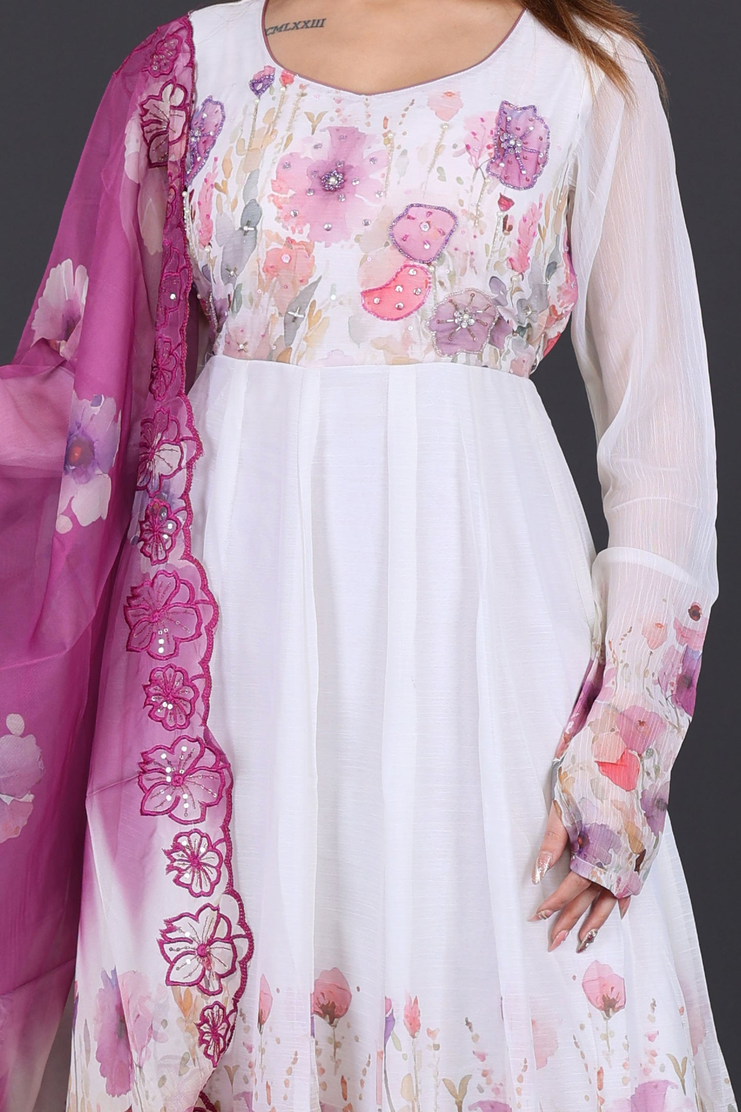 White & Lavender Floral Anarkali Suit with Embroidered Magenta Dupatta