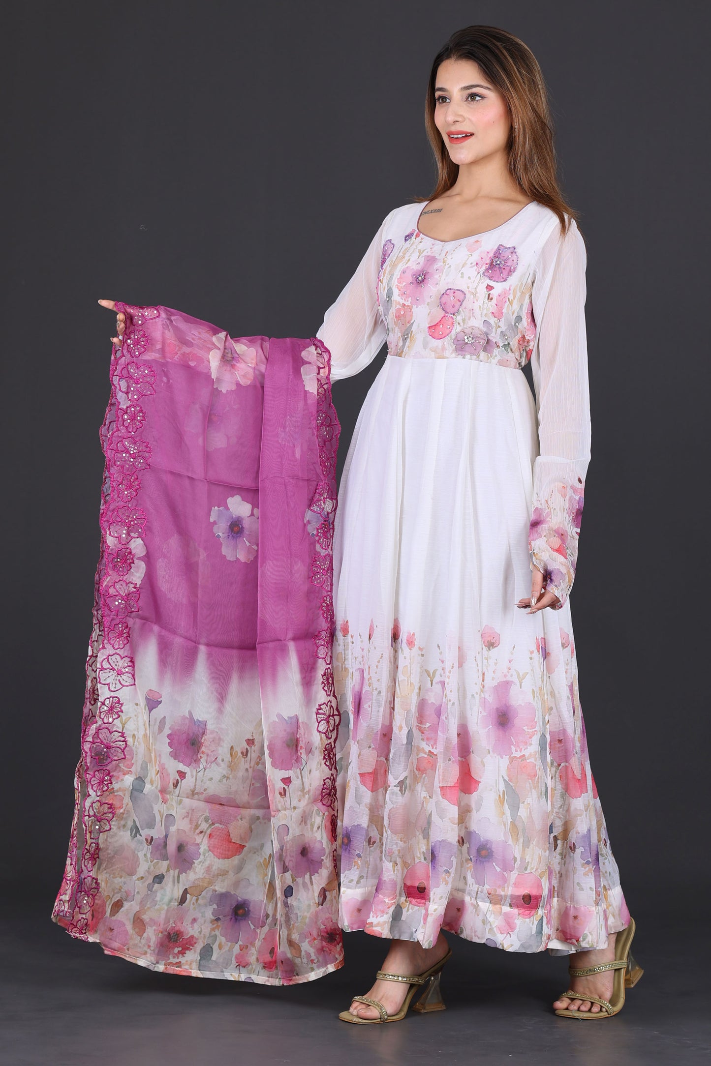 White & Lavender Floral Anarkali Suit with Embroidered Magenta Dupatta