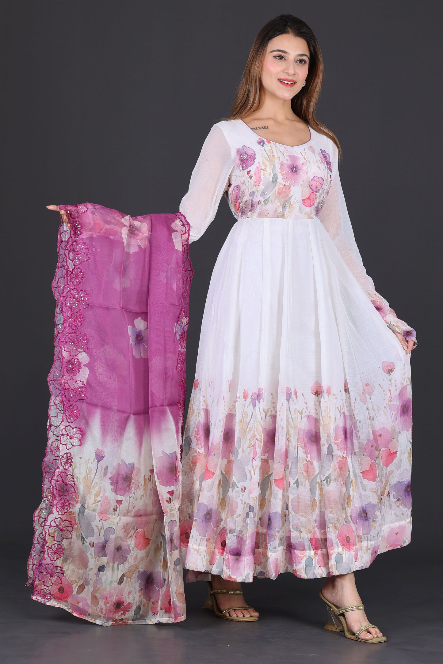 White & Lavender Floral Anarkali Suit with Embroidered Magenta Dupatta